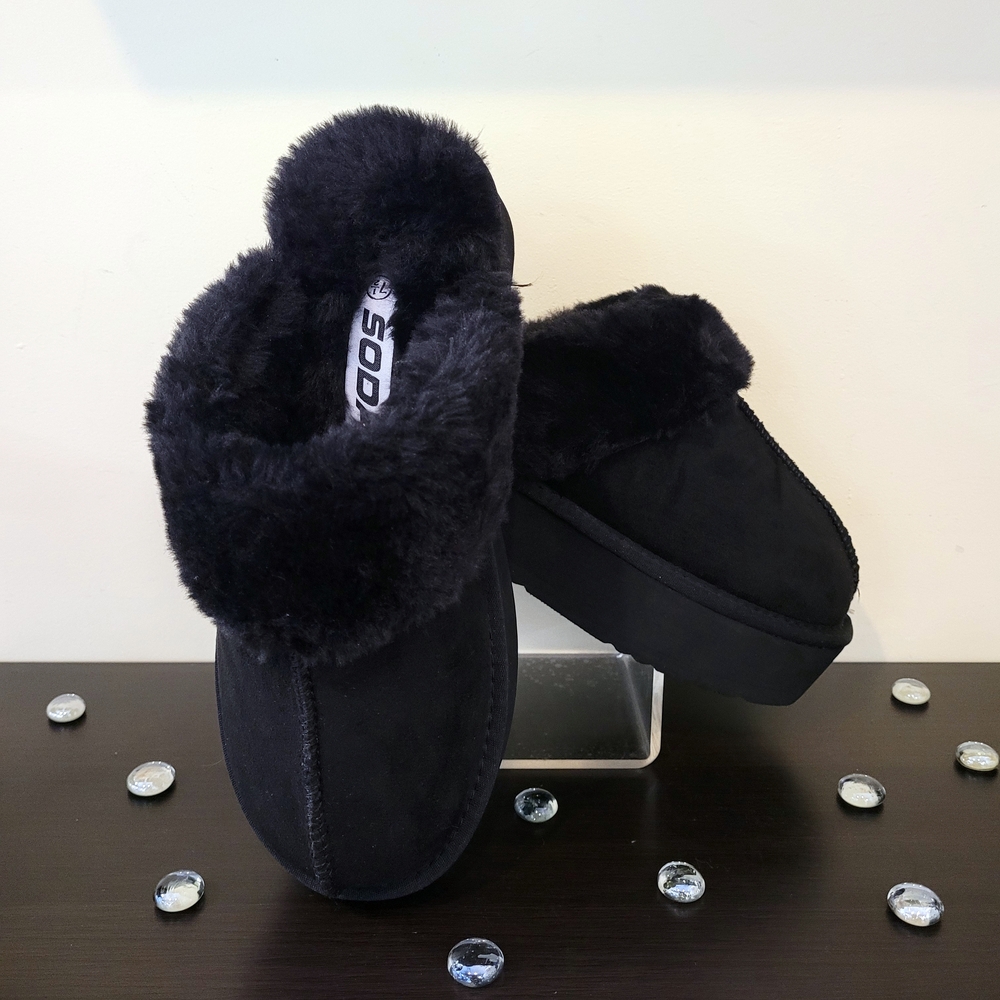 Soda Black Faux Fur Slippers